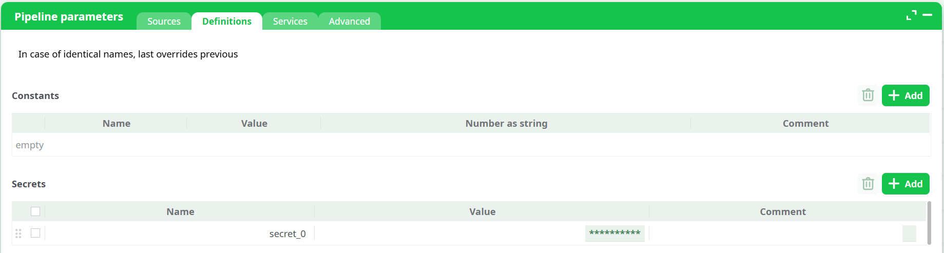 Pipeline Parameters - Secrets definition