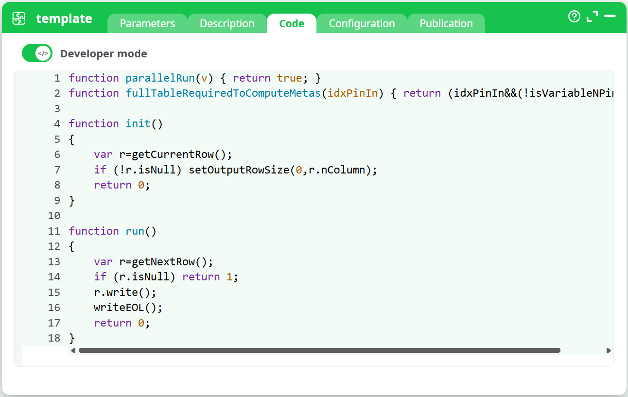 Developer mode - code tab
