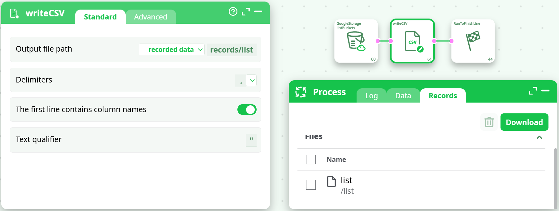 Pipeline: ListBuckets → writeCSV → RunToFinishLine
