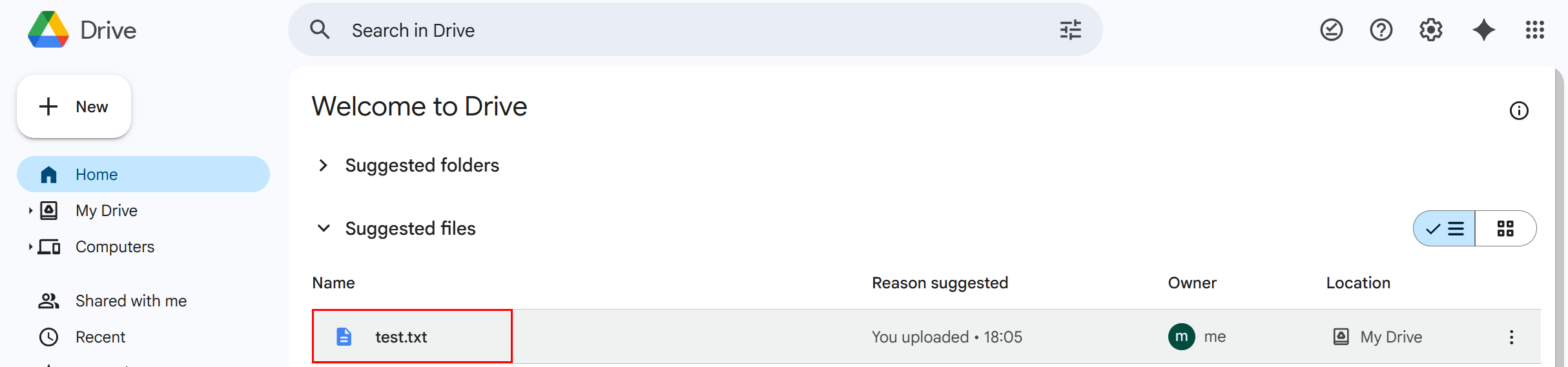 Google Drive UI showing the uploaded test.txt in My Drive