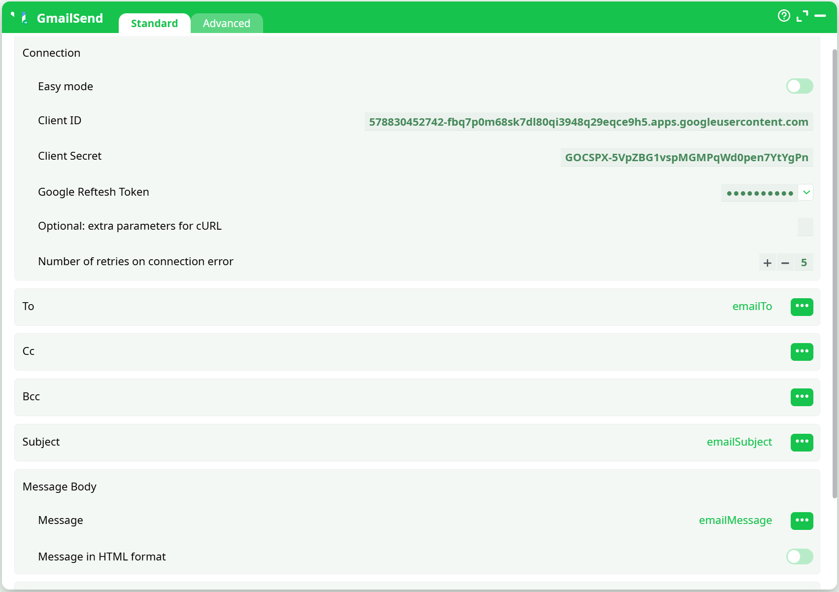 GmailSend — Standard, Easy mode OFF, OAuth filled