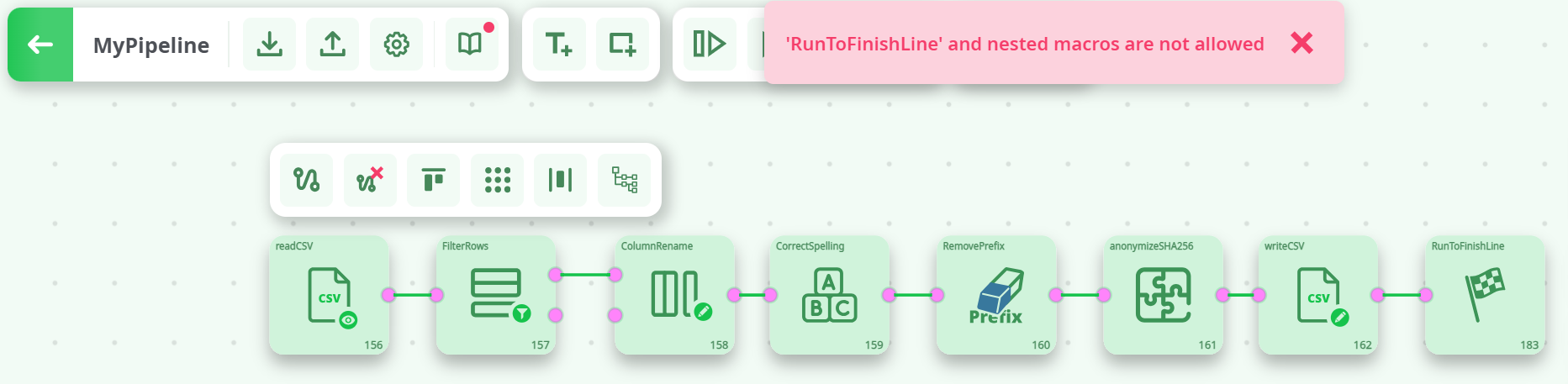 Validation banner — RunToFinishLine & nested macros not allowed