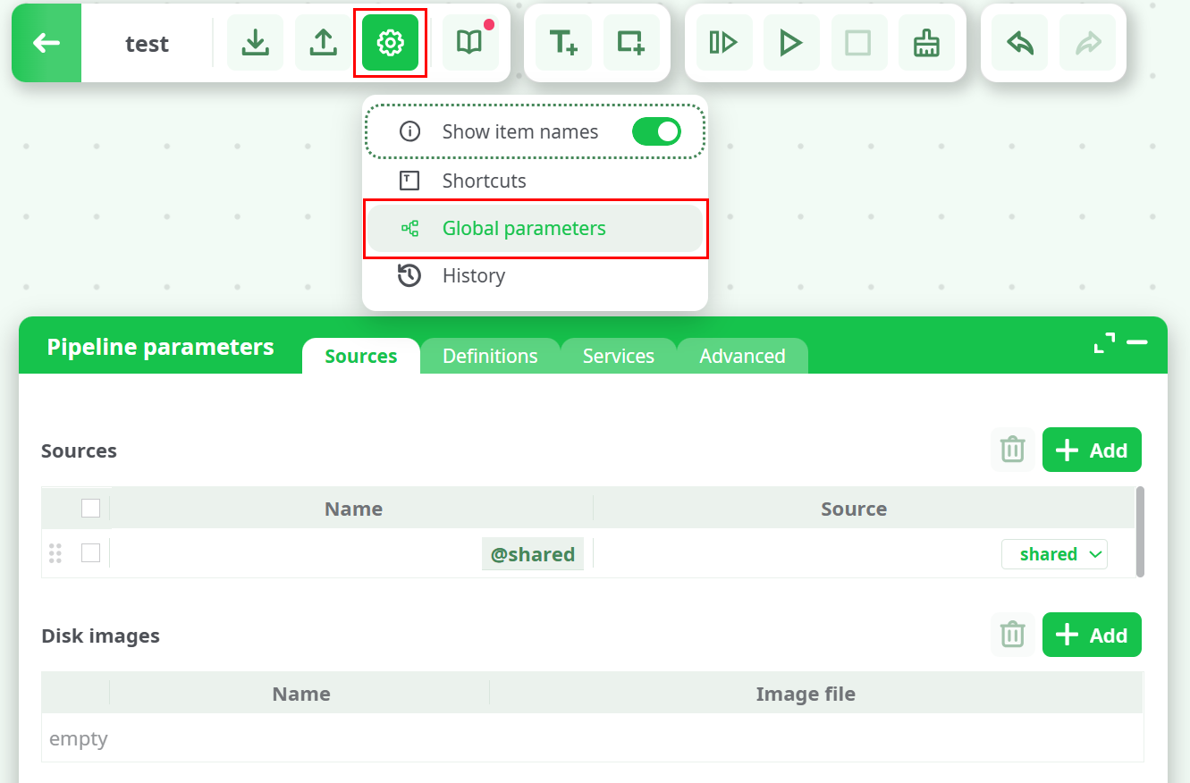 Pipeline parameters panel