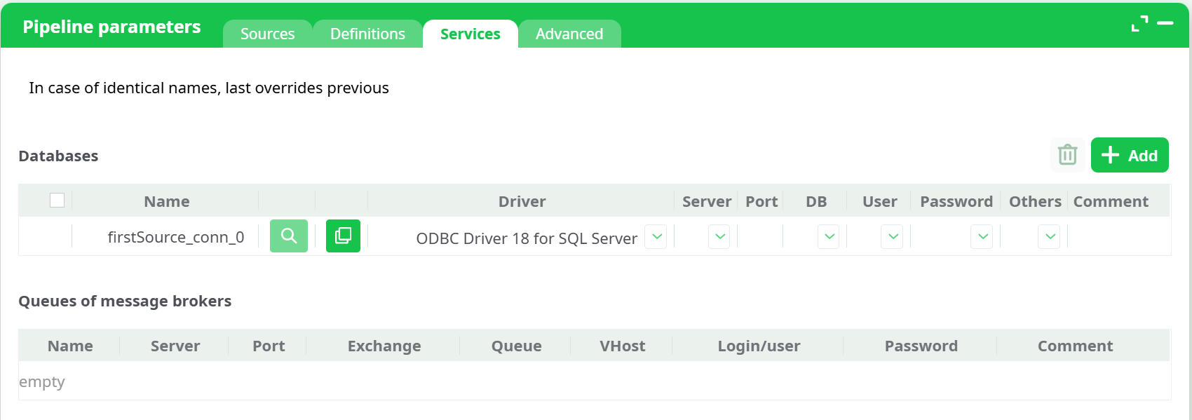 Pipeline parameters - Services tab