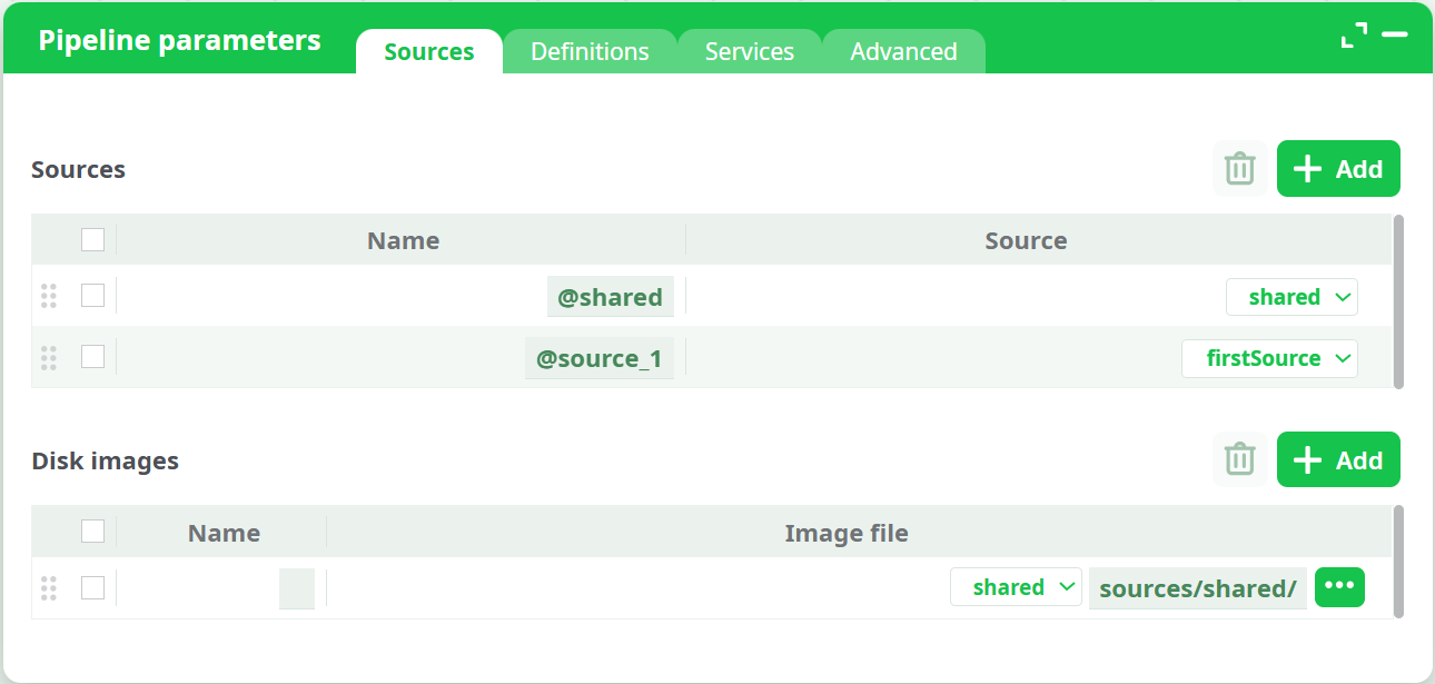 Pipeline parameters - Sources tab