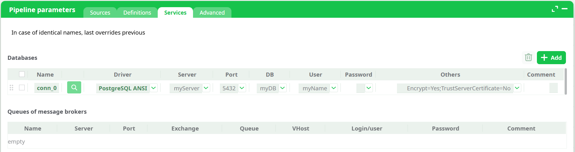 Pipeline Parameters - Services tab