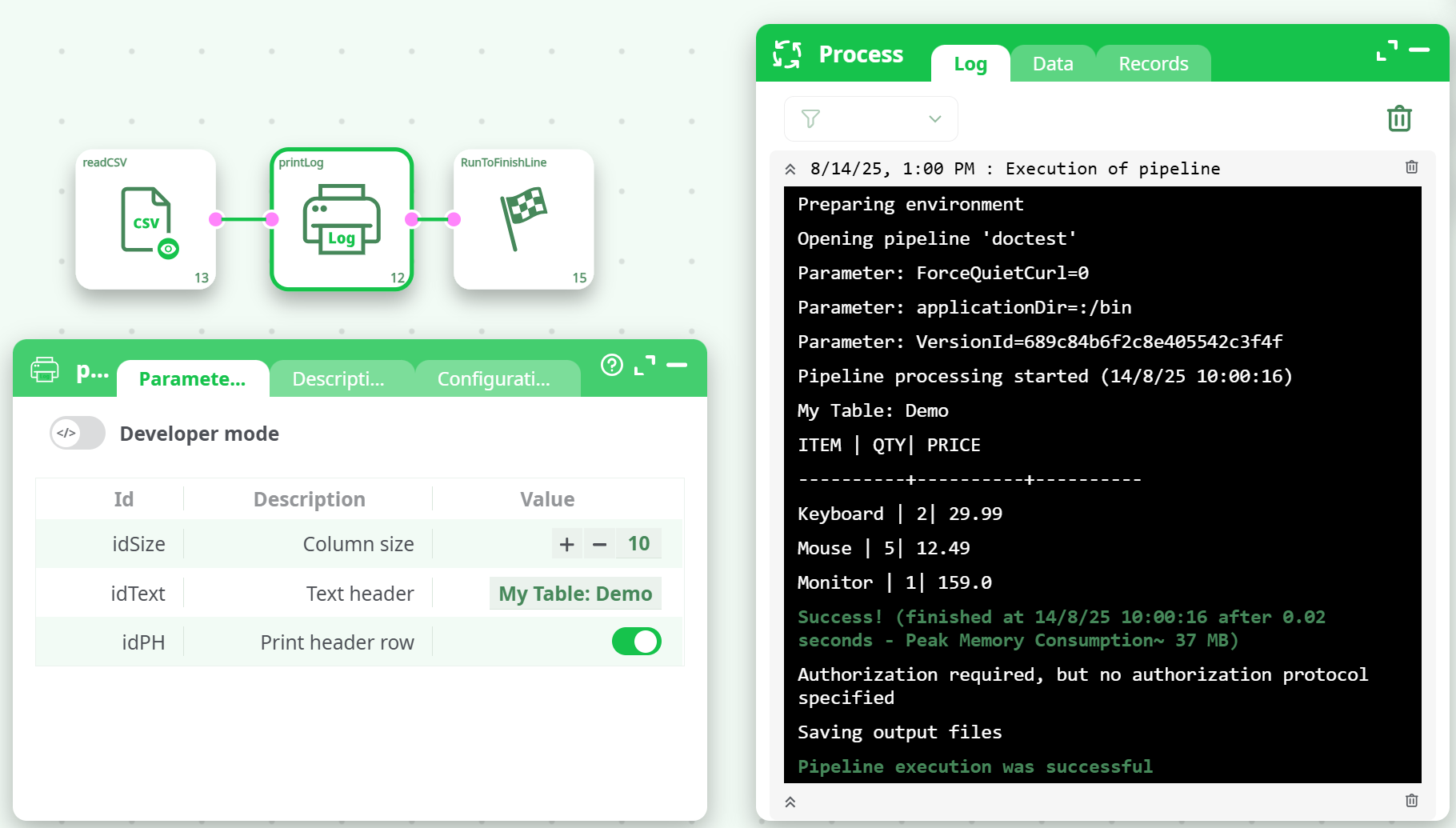 ASCII table printed into the log
