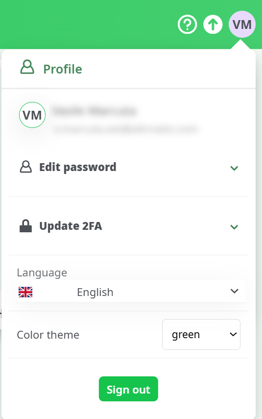 User Profile modal – account and interface settings
