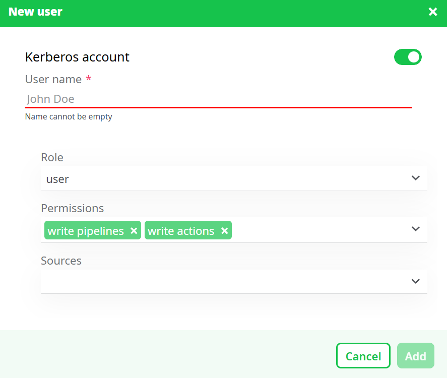 New user - Kerberos toggle enabled