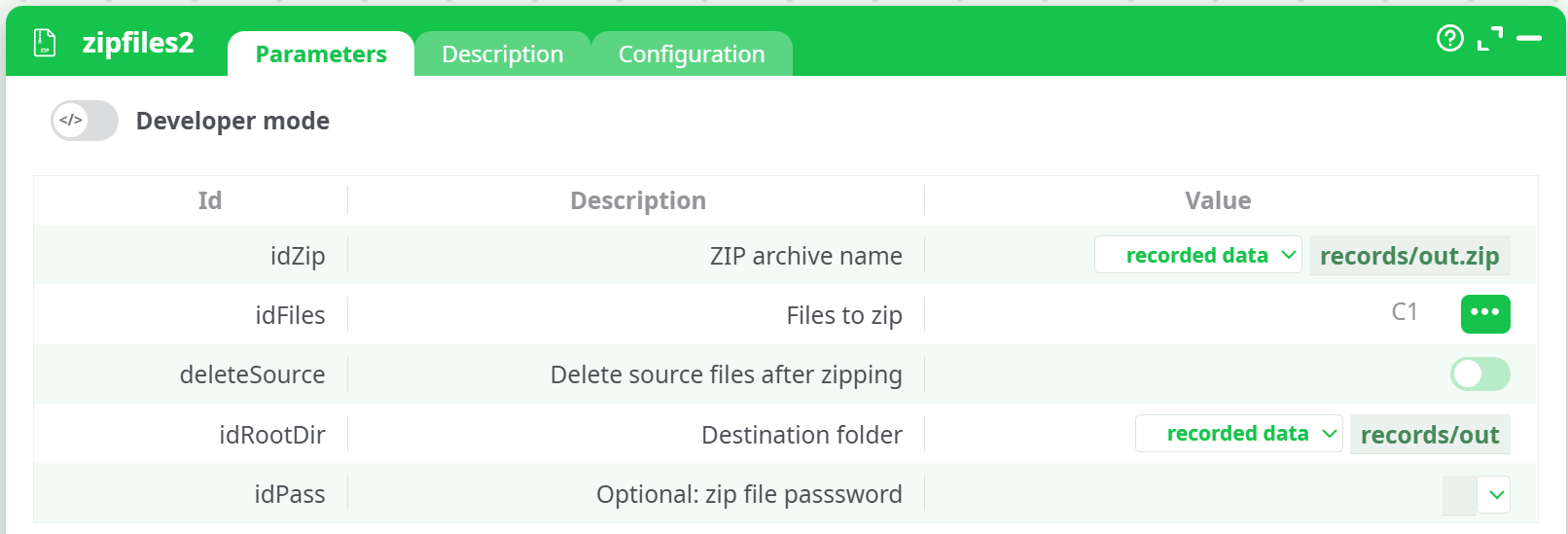 zipfiles2 Parameters panel