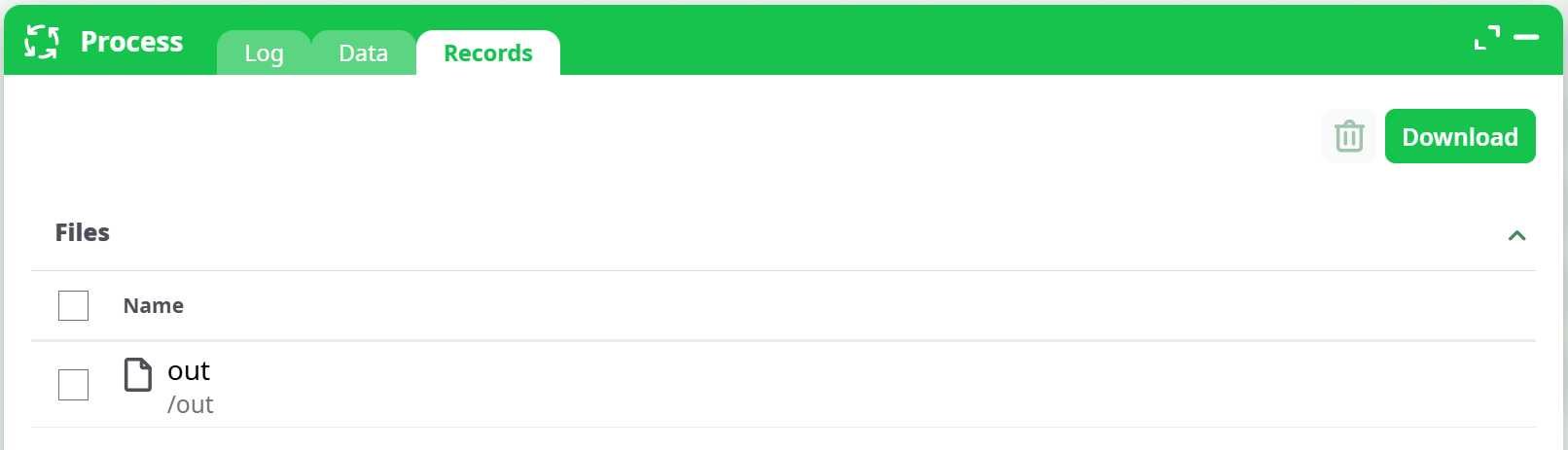 Records tab showing /out and out.zip