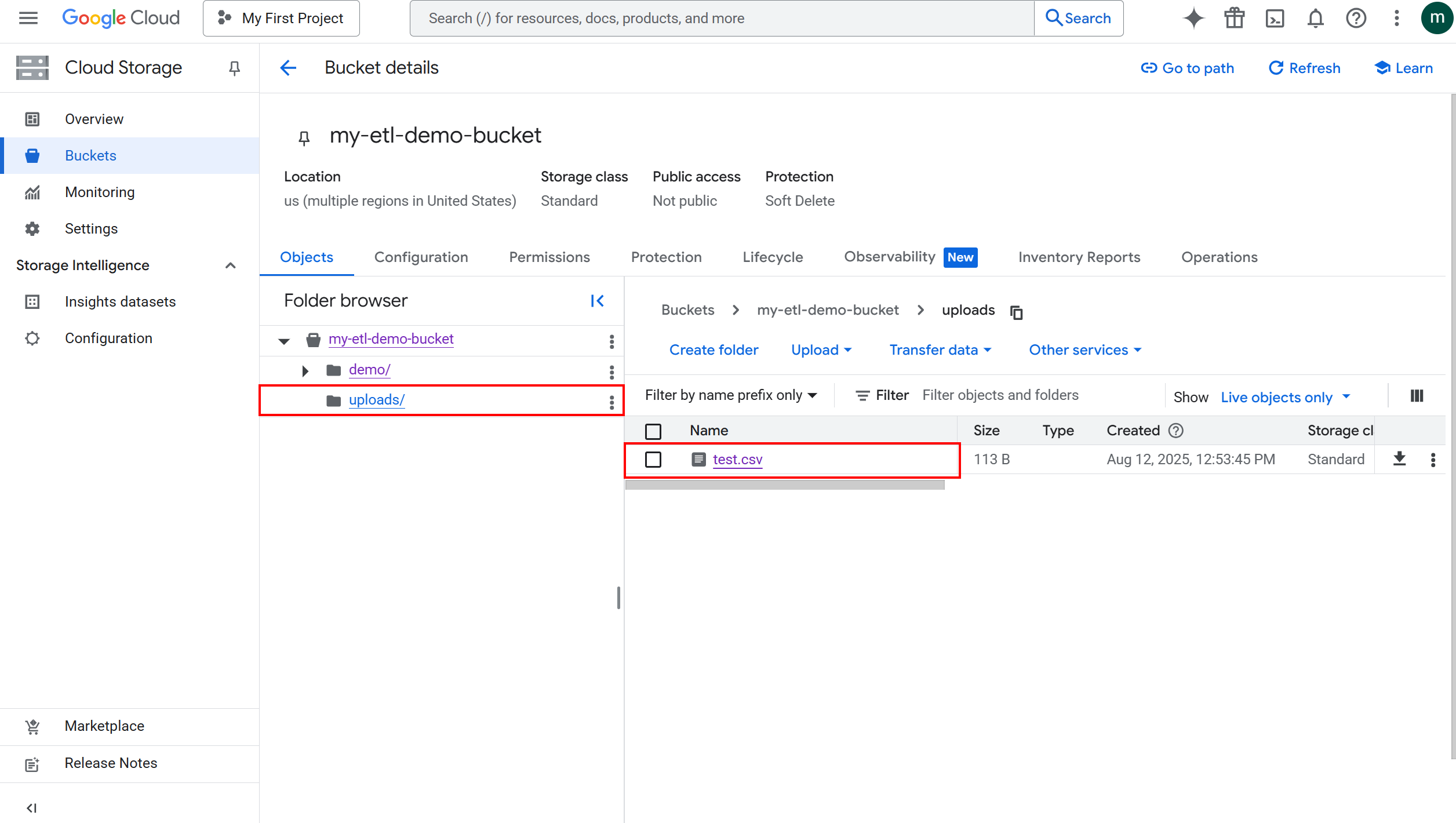GCS bucket showing uploaded object